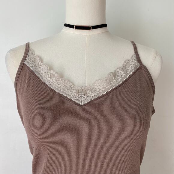Old Navy Womens Y2K Ribbed Lace Trimmed Tank Size XL Preppy Brown Elena Gilbert - Picture 2 of 8